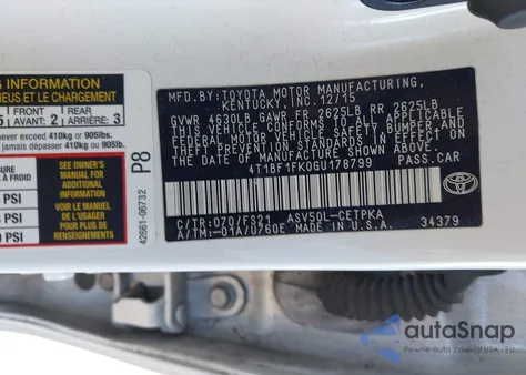 2016 Toyota Camry Se из США, поврежденный, VIN 4T1BF1FK0GU178799